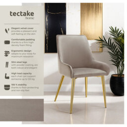 Tectake Set Of 4 Dining Chair Avane - Velvet Look, Padded Armchair, High Backrest And Armrests  - Taupe - thumbnail 2