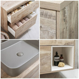Homestylestore Light Oak 1000mm Wall Hung Bathroom Vanity Unit With Rectangular Pebble Countertop Basin - thumbnail 2