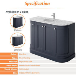 Plum&clay Fairmont Traditional Curved Blue Grey Floor Standing Vanity Unit With Ceramic Basin & Marble Top (W)1200mm - thumbnail 5