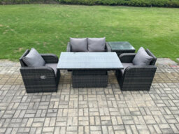 Fimous Outdoor Rattan Garden Furniture Set Height Adjustable Rising Lifting Dining Table Love Sofa With Side Table Chair - thumbnail 2