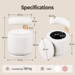 Yaheetech Swivel Vanity Stool With Backrest Round Swivel Ottoman Chair With 27L Capacity Sherpa Fabric Dressing Table Stool, White - thumbnail 3