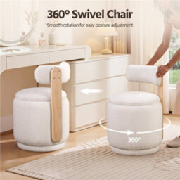 Yaheetech Swivel Vanity Stool With Backrest Round Swivel Ottoman Chair With 27L Capacity Sherpa Fabric Dressing Table Stool, White - thumbnail 5