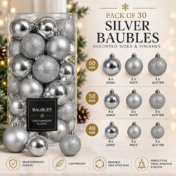 Decoris 30 Silver Baubles Shatterproof Christmas Tree Hanging Decor - thumbnail 4
