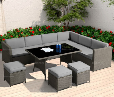 Outdoor Rattan Corner Dining Set With L-Shaped Sofa, Ottomans And Table - 80mm Thick Cushions Included, Seats Upto 10 - image 1