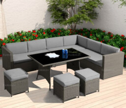 Outdoor Rattan Corner Dining Set With L-Shaped Sofa, Ottomans And Table - 80mm Thick Cushions Included, Seats Upto 10