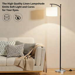 Modern Black Floor Lamp With Dimmable Led Bulb, Natural Linen Shade & Remote Control - thumbnail 3
