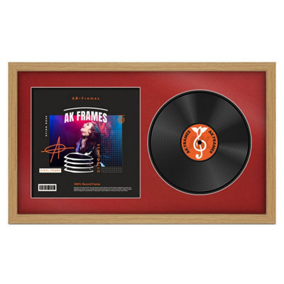 "30X17"" Light Oak Modern Vinyl Record Frame With Crimson Mount For 12 Inch Lp Album Cover & Disc - Ak Frames" - image 1