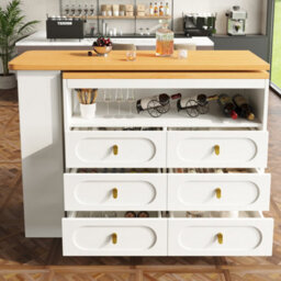 Btm White 360 Rotating Bar Table Kitchen Island Coffee Bar With Storage Spice Rack 6 Drawers Open Shelves - thumbnail 4