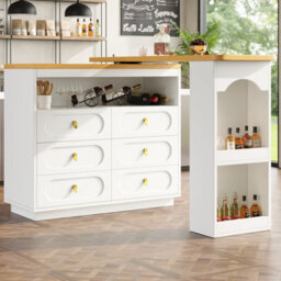 Btm White 360 Rotating Bar Table Kitchen Island Coffee Bar With Storage Spice Rack 6 Drawers Open Shelves - thumbnail 3