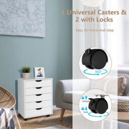 Costway 5 Drawer Chest Storage Wooden Dresser Rolling Storage Cabinet Mobile Organizer - thumbnail 6