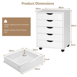 Costway 5 Drawer Chest Storage Wooden Dresser Rolling Storage Cabinet Mobile Organizer - thumbnail 2