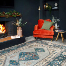 Loomed Distressed Teal Blue Beige Persian Style Washable Non Slip Rug 60X110Cm - thumbnail 3