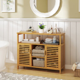 Costway Bamboo Bathroom Cabinet 2-Door Sideboard Cabinet With Shelves-Natural - thumbnail 5