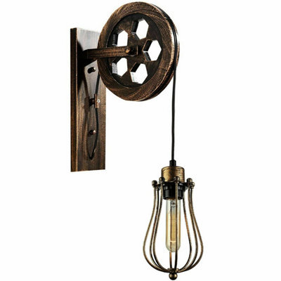 " Industrial Pulley Adjustable Wheel Wall Light Black Metal Wire Cage E27" - image 1