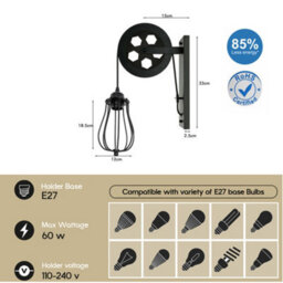 " Industrial Pulley Adjustable Wheel Wall Light Black Metal Wire Cage E27" - thumbnail 2