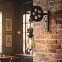 " Industrial Pulley Adjustable Wheel Wall Light Black Metal Wire Cage E27" - thumbnail 3