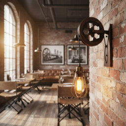 " Industrial Pulley Adjustable Wheel Wall Light Black Metal Wire Cage E27" - thumbnail 4