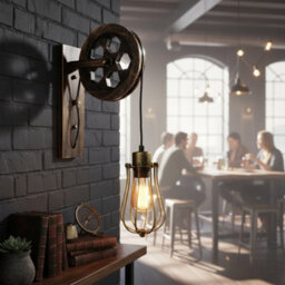" Industrial Pulley Adjustable Wheel Wall Light Black Metal Wire Cage E27" - thumbnail 5
