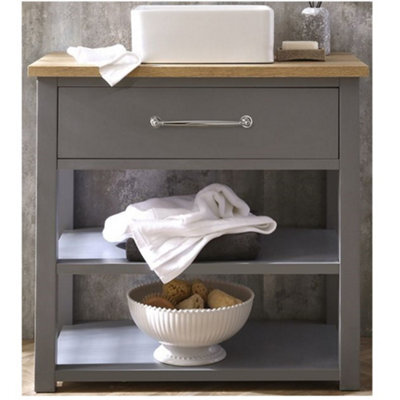 Homestylestore Light Grey And Oak 840mm Bathroom Cloakroom Vanity Unit With Square Countertop Basin And Chrome T Bar Handle - image 1