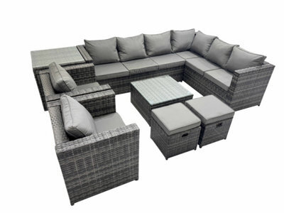 Fimous Outdoor Pe Rattan Garden Furniture Sofa Set With Square Coffee Table 2 Small Stools 2 Chair Side Table Dark Grey - image 1