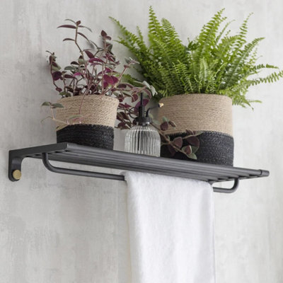 Garden Trading Adelphi Matt Black & Brass Bathroom Metal Steel Shelf & Towel Rail Bar Holder - image 1