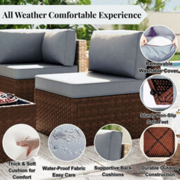 EVRE Brown Rattan Garden Furniture Set 5 Seater Corner Sofa With Glass Table & Footstool - Inc Weekend Delivery - thumbnail 3