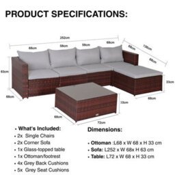 EVRE Brown Rattan Garden Furniture Set 5 Seater Corner Sofa With Glass Table & Footstool - Inc Weekend Delivery - thumbnail 2
