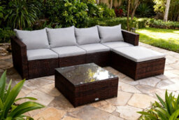 EVRE Brown Rattan Garden Furniture Set 5 Seater Corner Sofa With Glass Table & Footstool - Inc Weekend Delivery - thumbnail 1