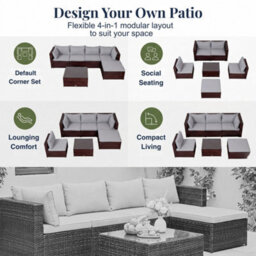 EVRE Brown Rattan Garden Furniture Set 5 Seater Corner Sofa With Glass Table & Footstool - Inc Weekend Delivery - thumbnail 5
