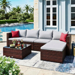 EVRE Brown Rattan Garden Furniture Set 5 Seater Corner Sofa With Glass Table & Footstool - Inc Weekend Delivery - thumbnail 7