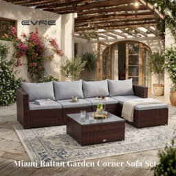 EVRE Brown Rattan Garden Furniture Set 5 Seater Corner Sofa With Glass Table & Footstool - Inc Weekend Delivery - thumbnail 8