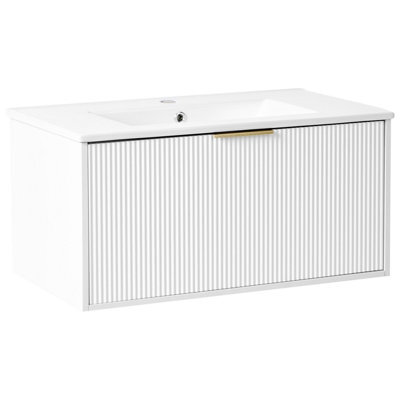 Beliani Wall Mounted Vanity Unit With Basin With Gold Handle Tilcara White - image 1