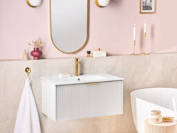 Beliani Wall Mounted Vanity Unit With Basin With Gold Handle Tilcara White - thumbnail 2