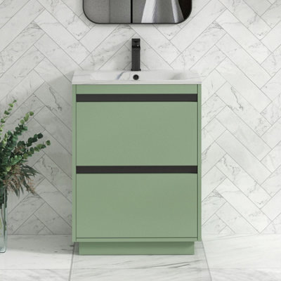 Royal Bathrooms Orion 600mm Mint Sage 2 Drawer Floor Standing Bathroom Vanity Unit With Carrara White Basin & Black Accent Trim - image 1