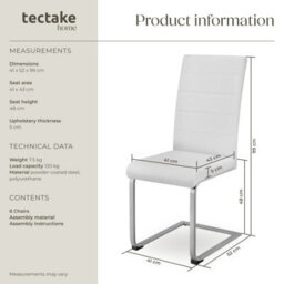 Tectake Set Of 6 Dining Chairs - Cantilevered, High Backrest, Flat Steel Frame  - White - thumbnail 6
