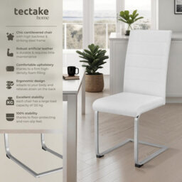 Tectake Set Of 6 Dining Chairs - Cantilevered, High Backrest, Flat Steel Frame  - White - thumbnail 2