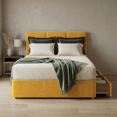 Adore Designs Alton Plush Velvet Divan Bed, Headboard & Mattress - 4Ft Small Double - Turmeric - 0 Drawers - image 1