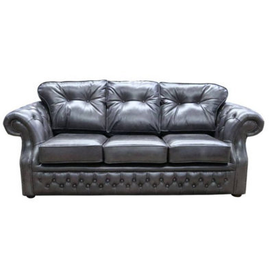 Chesterfield Handmade 3 Seater Sofa Old English Storm Black Leather In Era Style - image 1