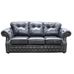 Chesterfield Handmade 3 Seater Sofa Old English Storm Black Leather In Era Style - thumbnail 1