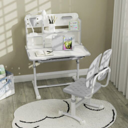 Aiyaplay Kids Desk And Chair Set W/ Tiltable Desktop, Reading Rack, Grey - thumbnail 8