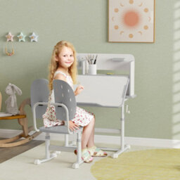 Aiyaplay Kids Desk And Chair Set W/ Tiltable Desktop, Reading Rack, Grey