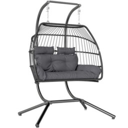 Outsunny Rattan Double Hanging Egg Chair With Stand, Cushion, Dark Grey - thumbnail 2