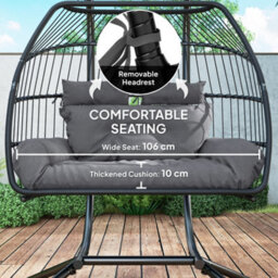 Outsunny Rattan Double Hanging Egg Chair With Stand, Cushion, Dark Grey - thumbnail 6