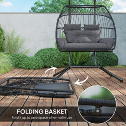 Outsunny Rattan Double Hanging Egg Chair With Stand, Cushion, Dark Grey - thumbnail 7
