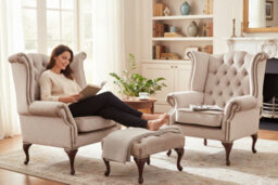 Chesterfield 2 X Wing Chairs + Footstool Harmony Ivory Velvet In Queen Anne Style - thumbnail 2