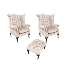 Chesterfield 2 X Wing Chairs + Footstool Harmony Ivory Velvet In Queen Anne Style - thumbnail 1