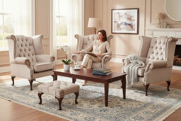 Chesterfield 2 X Wing Chairs + Footstool Harmony Ivory Velvet In Queen Anne Style - thumbnail 3