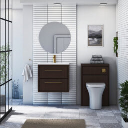 Royal Bathrooms Livora 600mm Walnut Woodgrain Wall Hung Bathroom Vanity Unit 2 Drawer With Stone Basin & Brushed Brass Handle - thumbnail 3