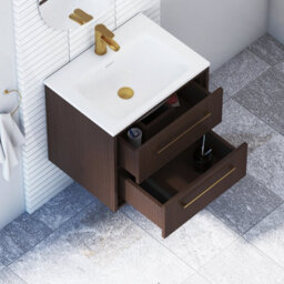 Royal Bathrooms Livora 600mm Walnut Woodgrain Wall Hung Bathroom Vanity Unit 2 Drawer With Stone Basin & Brushed Brass Handle - thumbnail 4