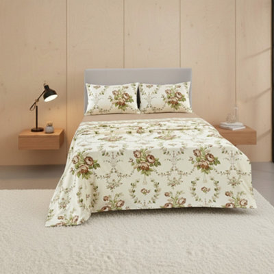 Soft Floral Brushed Cotton Fitted Flat Sheet And Matching Pillowcases Natural - image 1